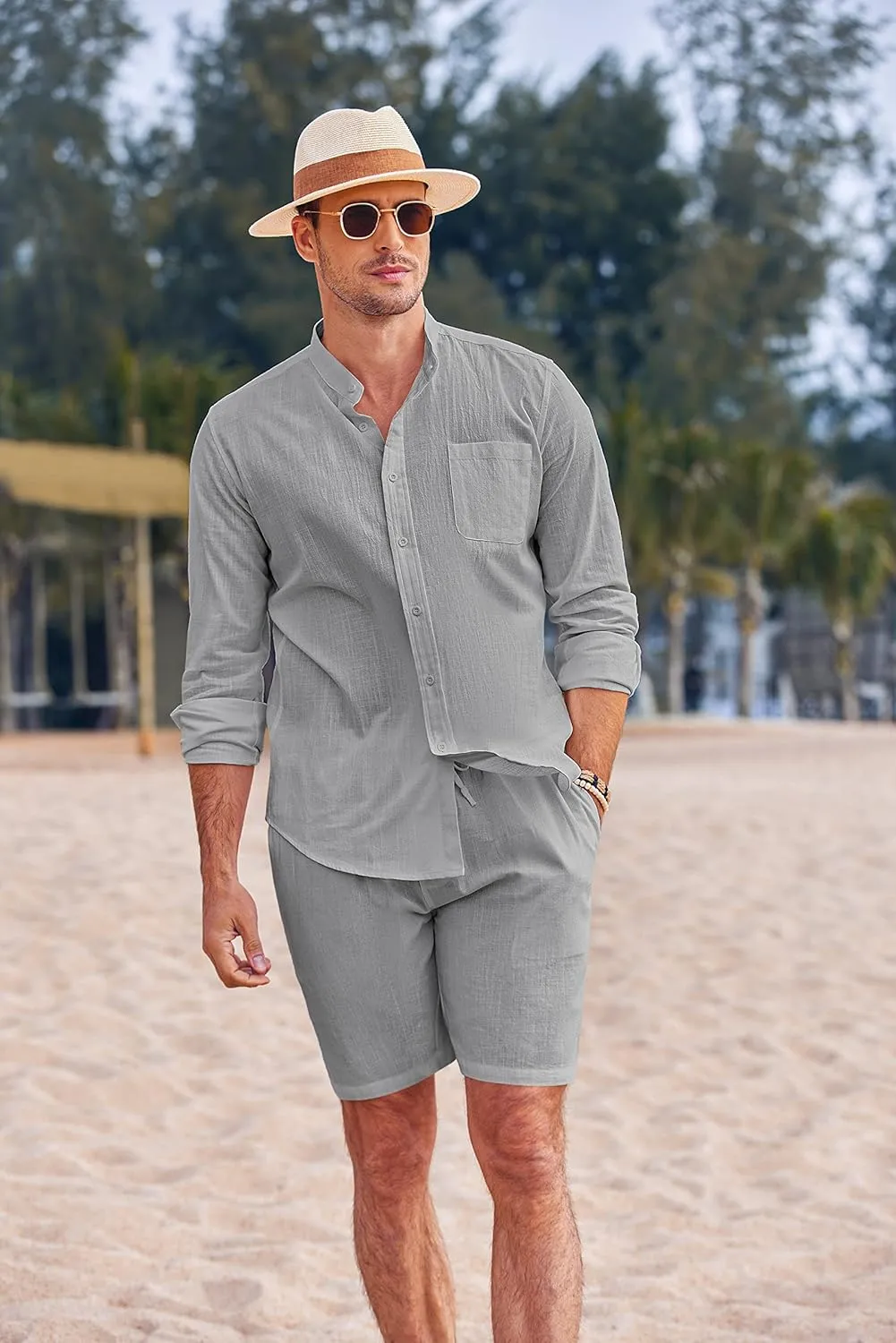 COOFANDY Linen Sets For Men 2 Piece Button Down Shirt Long Sleeve and Casual Beach Drawstring Waist Shorts Summer Outfits