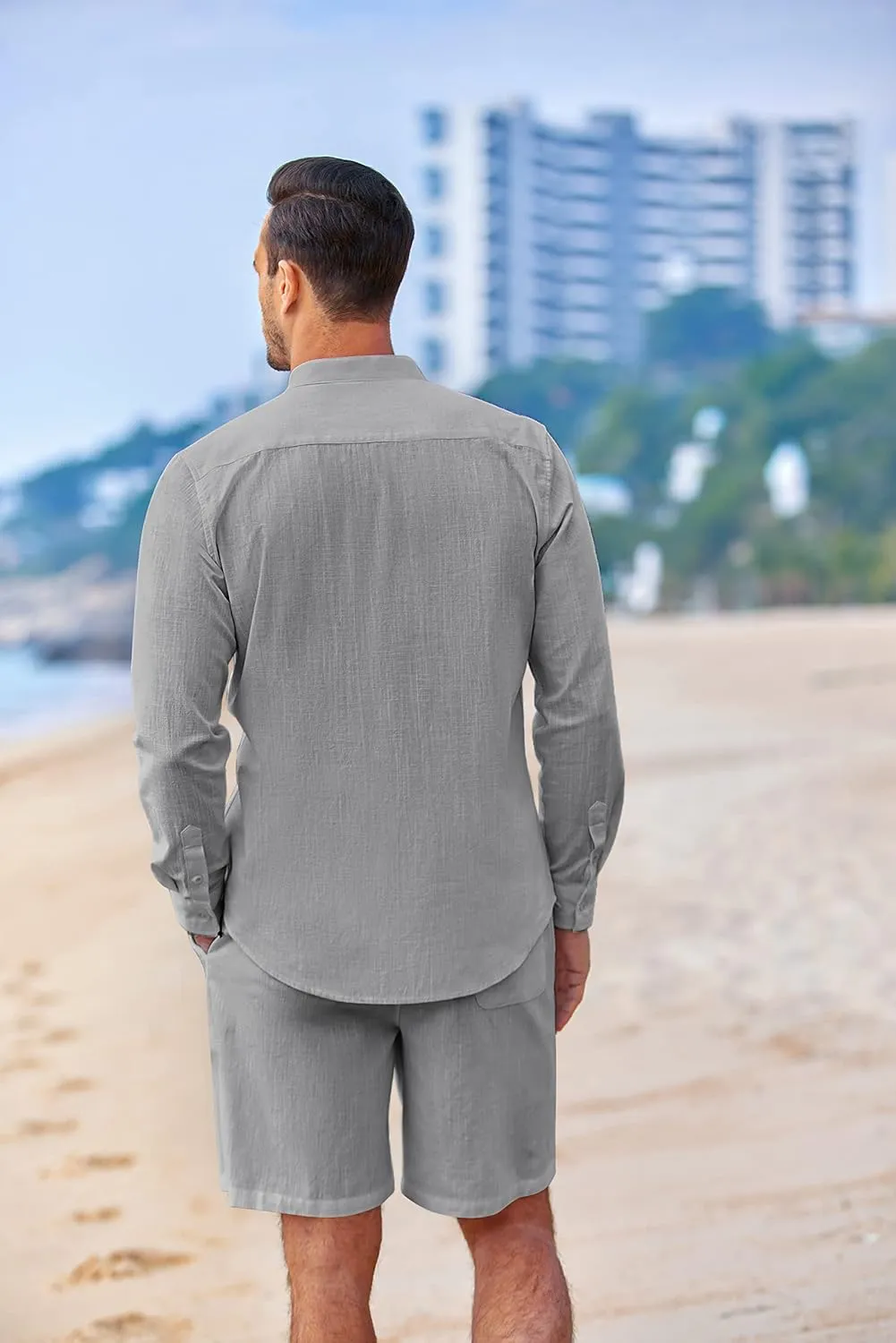 COOFANDY Linen Sets For Men 2 Piece Button Down Shirt Long Sleeve and Casual Beach Drawstring Waist Shorts Summer Outfits