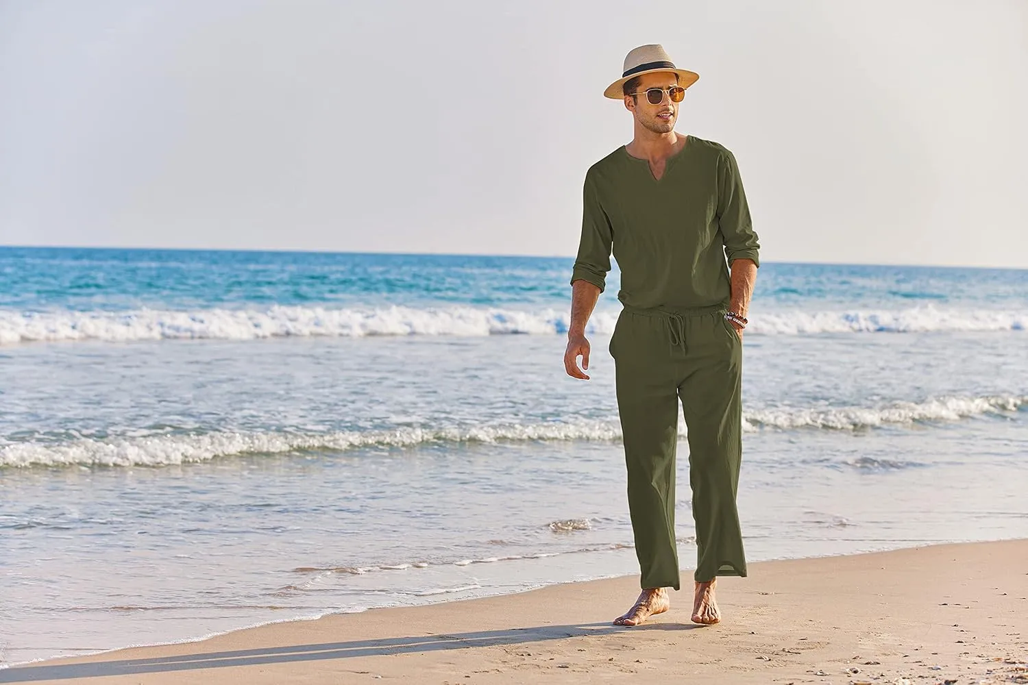 COOFANDY Men's 2 Pieces Cotton Linen Set Henley Shirt Long Sleeve and Casual Beach Pants Summer Yoga Outfits