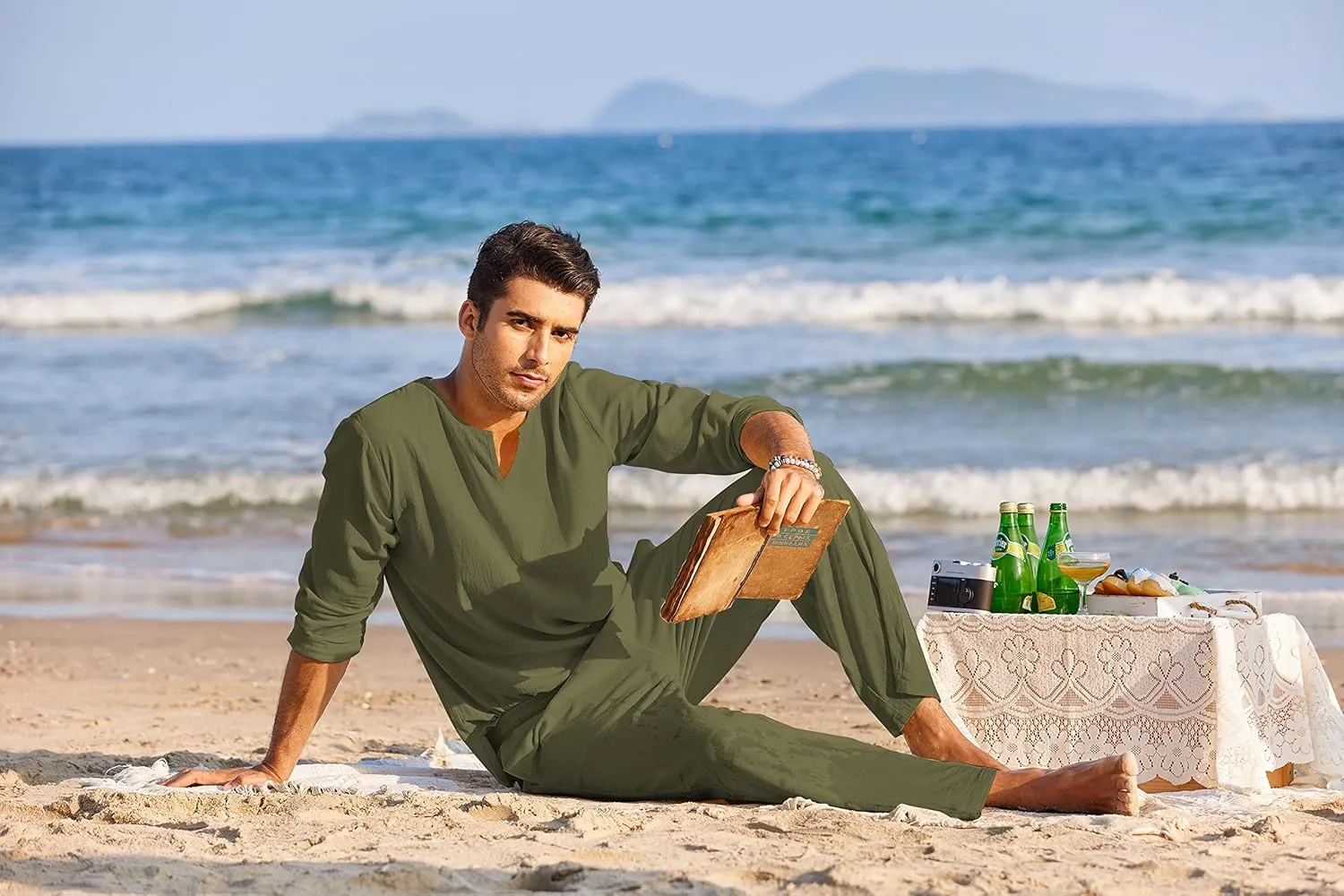 COOFANDY Men's 2 Pieces Cotton Linen Set Henley Shirt Long Sleeve and Casual Beach Pants Summer Yoga Outfits
