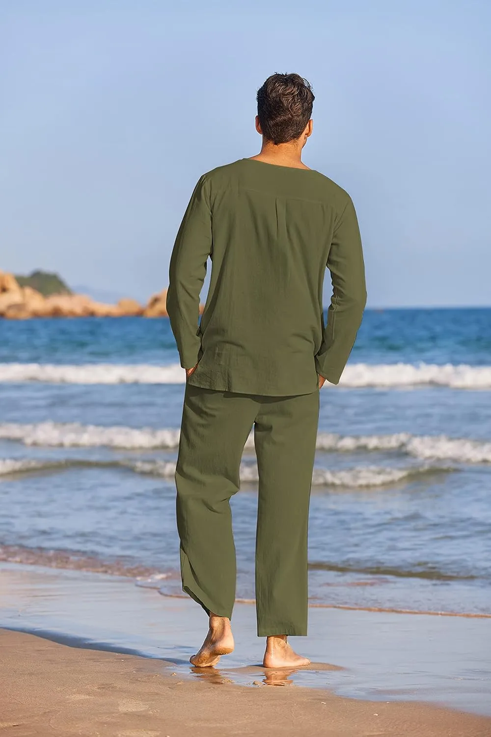 COOFANDY Men's 2 Pieces Cotton Linen Set Henley Shirt Long Sleeve and Casual Beach Pants Summer Yoga Outfits