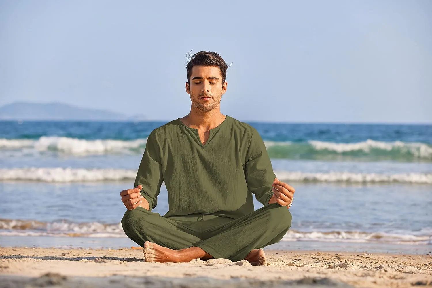 COOFANDY Men's 2 Pieces Cotton Linen Set Henley Shirt Long Sleeve and Casual Beach Pants Summer Yoga Outfits