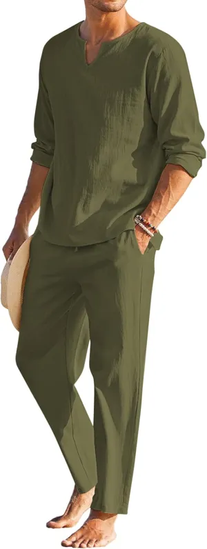 COOFANDY Men's 2 Pieces Cotton Linen Set Henley Shirt Long Sleeve and Casual Beach Pants Summer Yoga Outfits