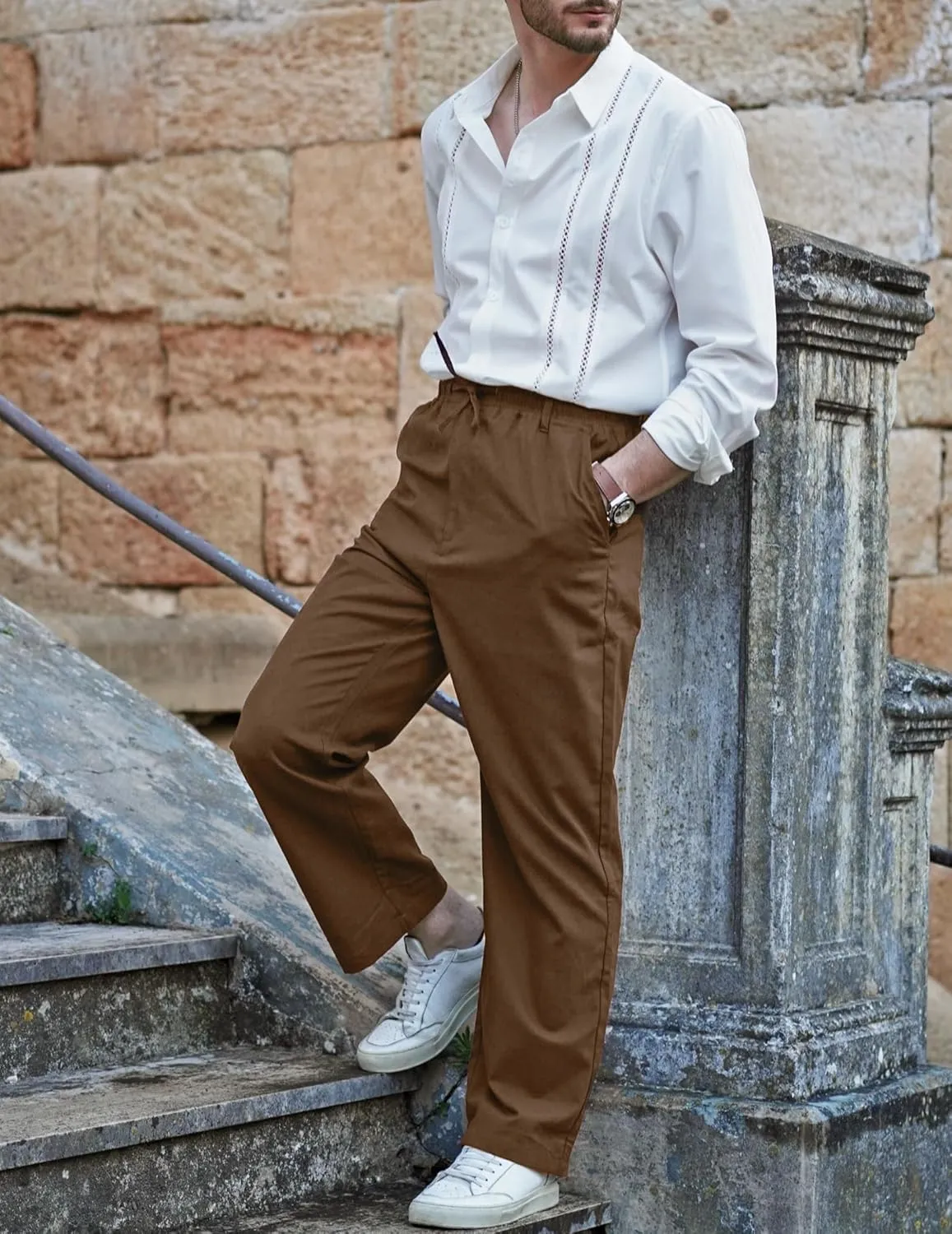 COOFANDY Men's Casual Linen Pants Elastic Waist Drawstring Beach Summer Pants Lightweight Linen Trousers