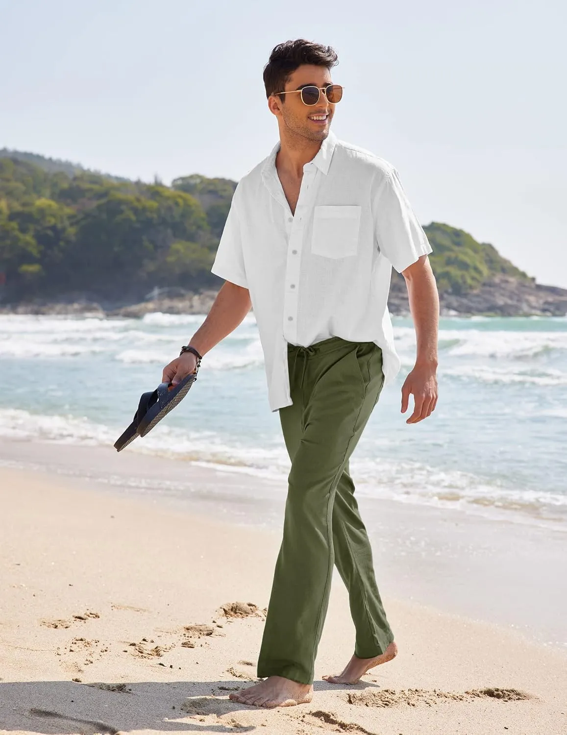 COOFANDY Men's Casual Linen Pants Elastic Waist Drawstring Yoga Beach Pants Lightweight Loose Fit Trousers with Pockets