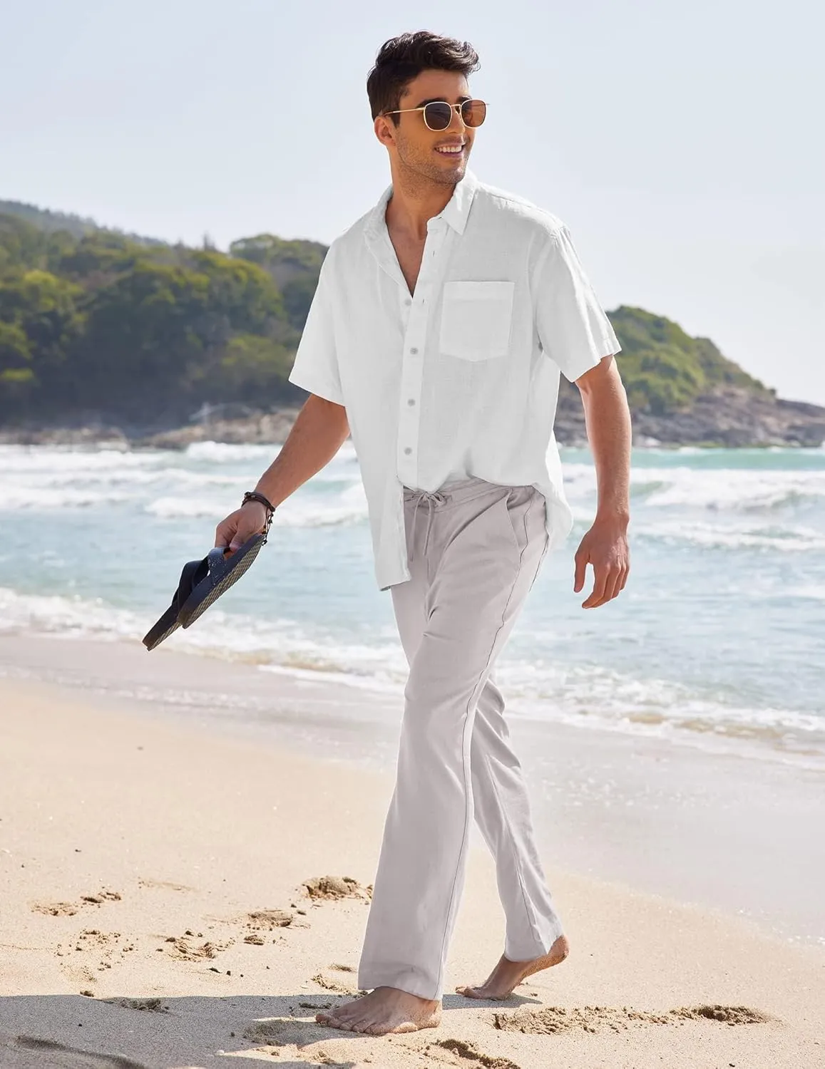 COOFANDY Men's Casual Linen Pants Elastic Waist Drawstring Yoga Beach Pants Lightweight Loose Fit Trousers with Pockets