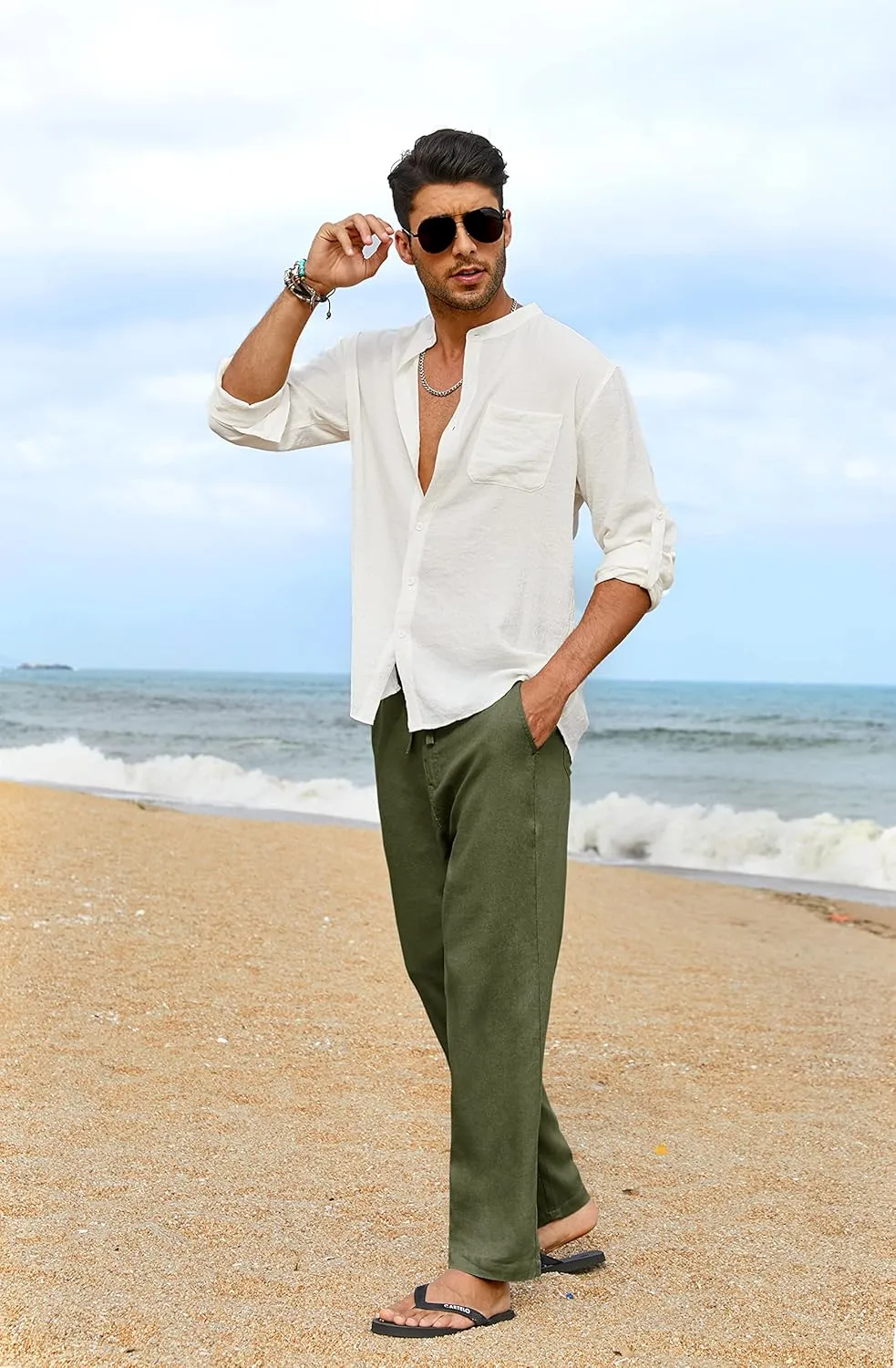 COOFANDY Men's Casual Linen Pants Elastic Waist Drawstring Yoga Beach Pants Lightweight Loose Fit Trousers with Pockets