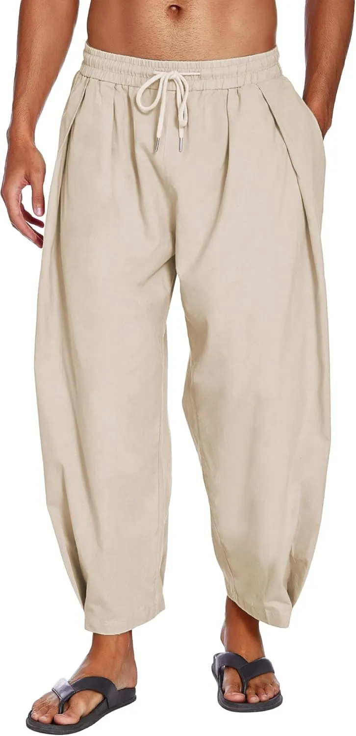 COOFANDY Men's Cotton Linen Harem Pants Drawstring Casual Cropped Trousers Lightweight Loose Beach Yoga Pants with Pockets