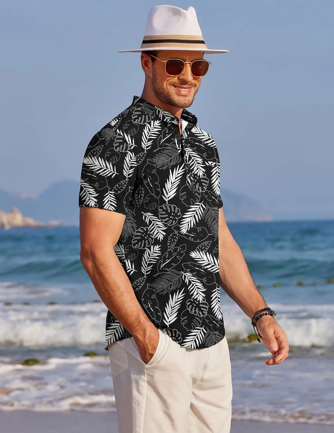 COOFANDY Men's Henley Shirts Band Collar Short Sleeve Shirt Casual Summer Beach Shirt Hippie T Shirt Fashion Hawaiian Shirt