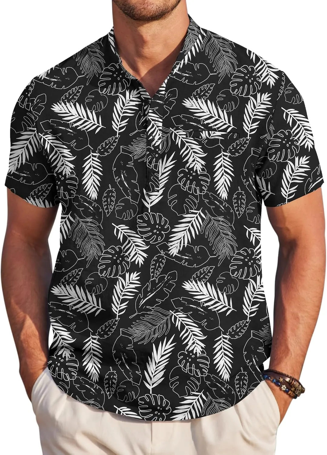 COOFANDY Men's Henley Shirts Band Collar Short Sleeve Shirt Casual Summer Beach Shirt Hippie T Shirt Fashion Hawaiian Shirt