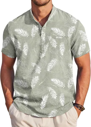 COOFANDY Men's Henley Shirts Band Collar Short Sleeve Shirt Casual Summer Beach Shirt Hippie T Shirt Fashion Hawaiian Shirt