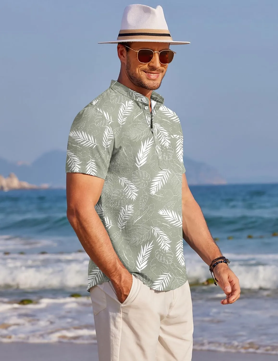 COOFANDY Men's Henley Shirts Band Collar Short Sleeve Shirt Casual Summer Beach Shirt Hippie T Shirt Fashion Hawaiian Shirt