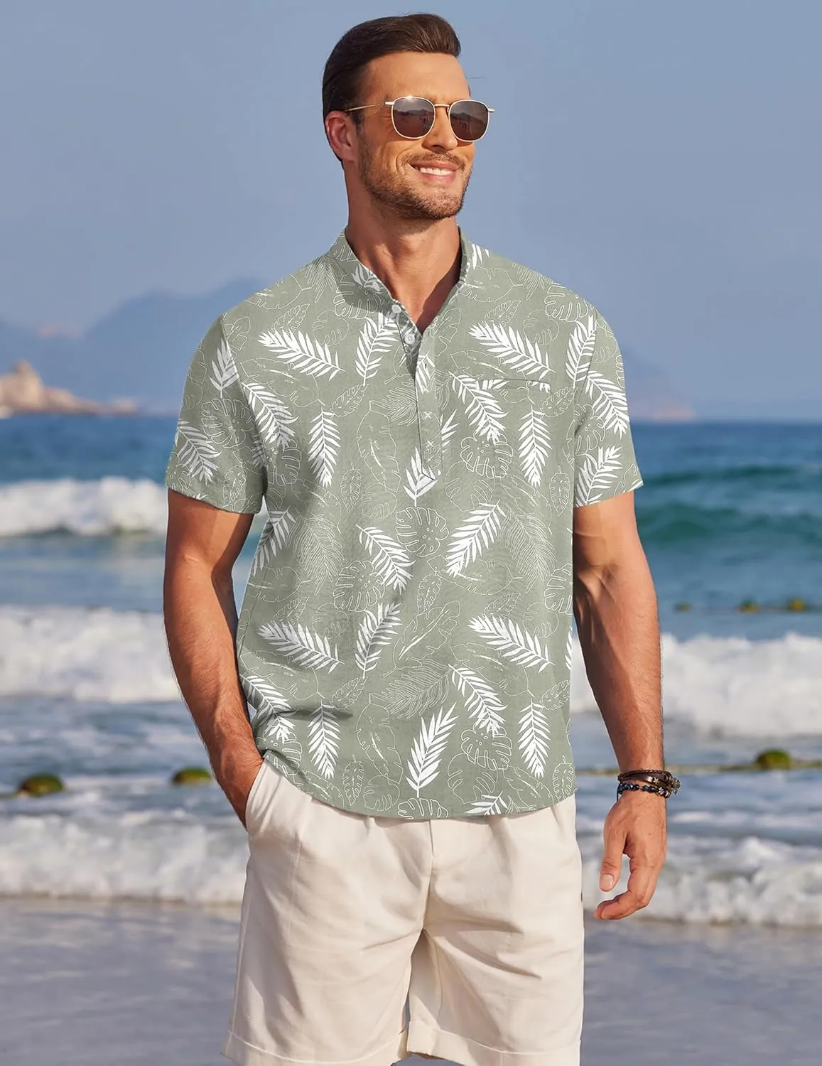 COOFANDY Men's Henley Shirts Band Collar Short Sleeve Shirt Casual Summer Beach Shirt Hippie T Shirt Fashion Hawaiian Shirt