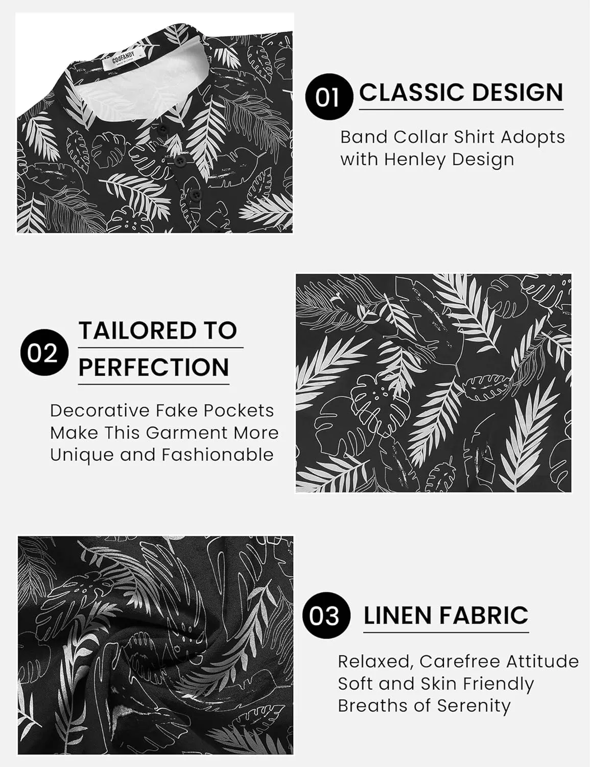 COOFANDY Men's Henley Shirts Band Collar Short Sleeve Shirt Casual Summer Beach Shirt Hippie T Shirt Fashion Hawaiian Shirt