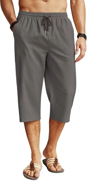 COOFANDY Men's Linen Capri Pants Casual Lightweight 3/4 Baggy Pants Drawstring Elastic Waist Beach Yoga Pants with Pockets