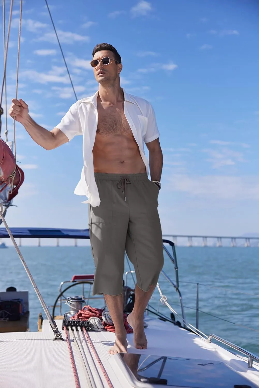 COOFANDY Men's Linen Capri Pants Casual Lightweight 3/4 Baggy Pants Drawstring Elastic Waist Beach Yoga Pants with Pockets