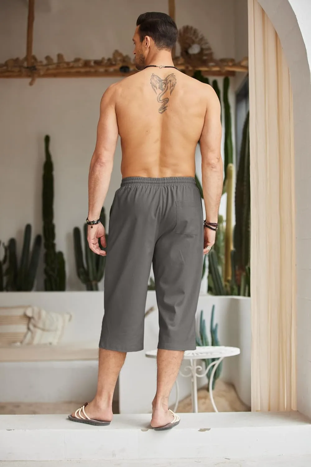 COOFANDY Men's Linen Capri Pants Casual Lightweight 3/4 Baggy Pants Drawstring Elastic Waist Beach Yoga Pants with Pockets
