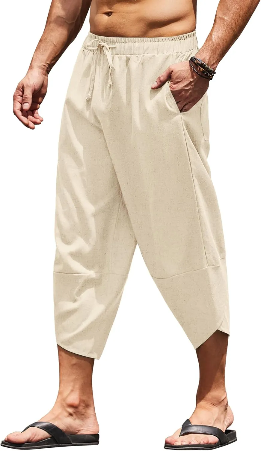COOFANDY Men's Linen Harem Capri Pants Lightweight Loose 3/4 Shorts Drawstring Elastic Waist Casual Beach Boho Yoga Trousers