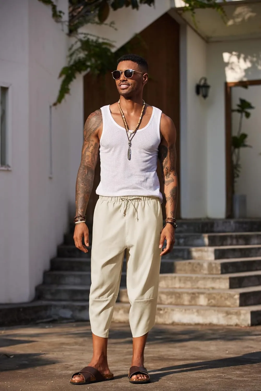 COOFANDY Men's Linen Harem Capri Pants Lightweight Loose 3/4 Shorts Drawstring Elastic Waist Casual Beach Boho Yoga Trousers