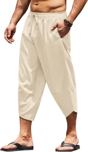 COOFANDY Men's Linen Harem Capri Pants Lightweight Loose 3/4 Shorts Drawstring Elastic Waist Casual Beach Boho Yoga Trousers