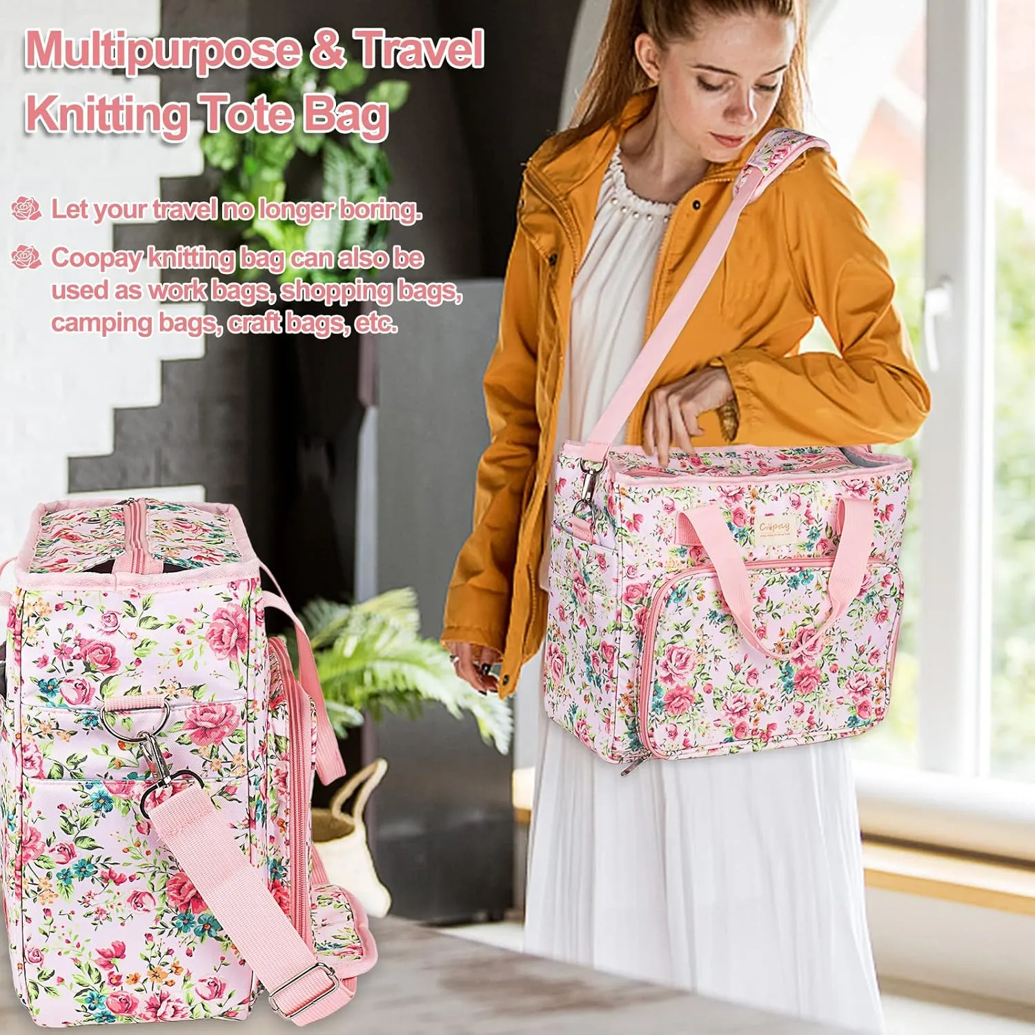 Coopay Large Crochet Bag Knitting Bags and Totes Organizer, Traveling Crochet Bags Yarn Bag for Carrying Crochet Hooks, Knitting Kit, Skein Yarn Wool, Project, Knitting & Crochet Supplies, Pink Flower
