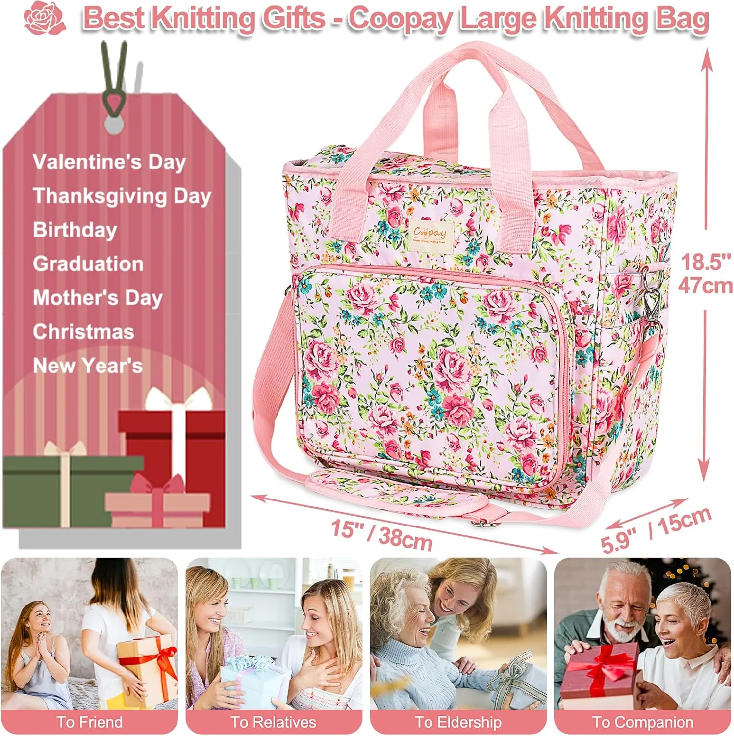 Coopay Large Crochet Bag Knitting Bags and Totes Organizer, Traveling Crochet Bags Yarn Bag for Carrying Crochet Hooks, Knitting Kit, Skein Yarn Wool, Project, Knitting & Crochet Supplies, Pink Flower