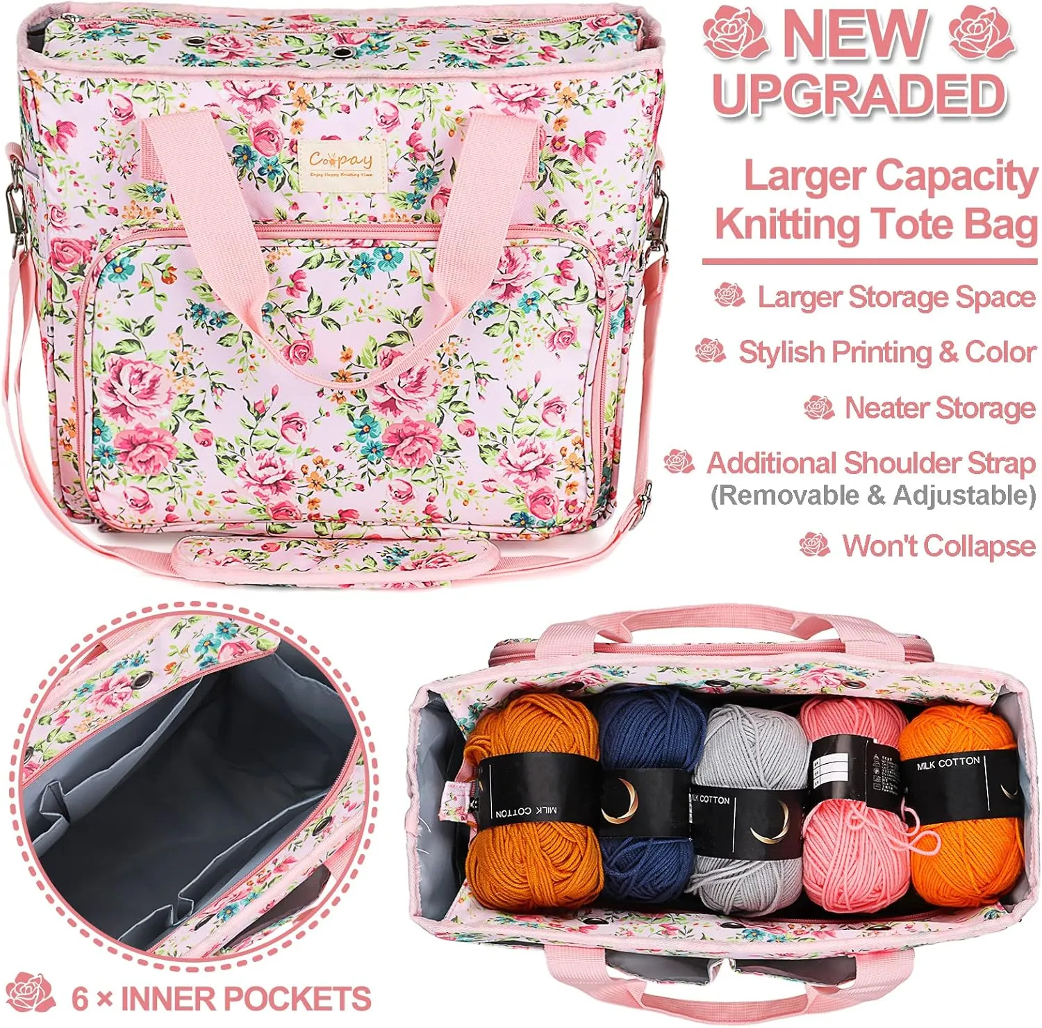 Coopay Large Crochet Bag Knitting Bags and Totes Organizer, Traveling Crochet Bags Yarn Bag for Carrying Crochet Hooks, Knitting Kit, Skein Yarn Wool, Project, Knitting & Crochet Supplies, Pink Flower