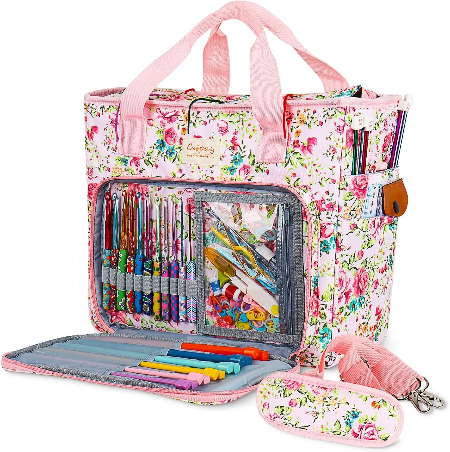 Coopay Large Crochet Bag Knitting Bags and Totes Organizer, Traveling Crochet Bags Yarn Bag for Carrying Crochet Hooks, Knitting Kit, Skein Yarn Wool, Project, Knitting & Crochet Supplies, Pink Flower