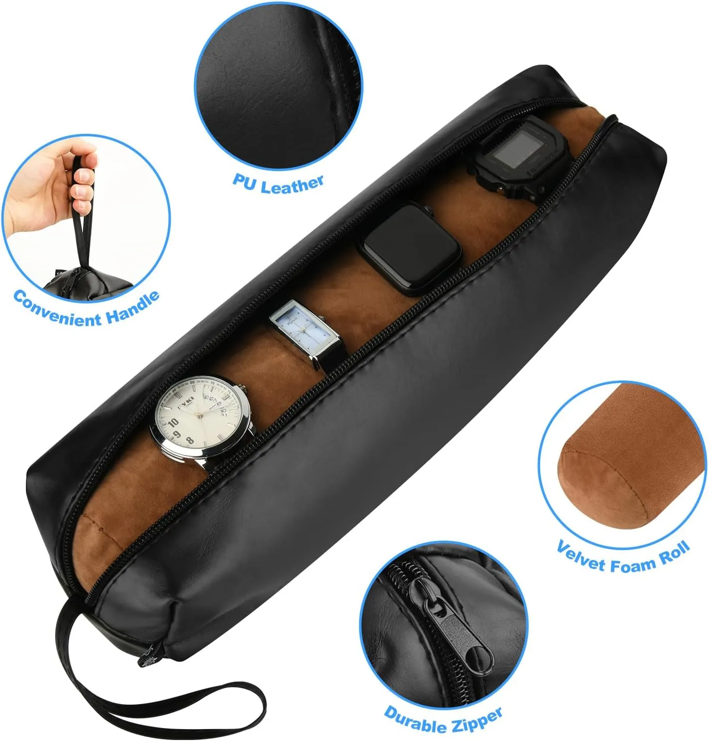 Cosmos Black Color PU Leather Watch and Bracelet Travel Storage Roll Bag with Brown Removable Tube Velvet Holder