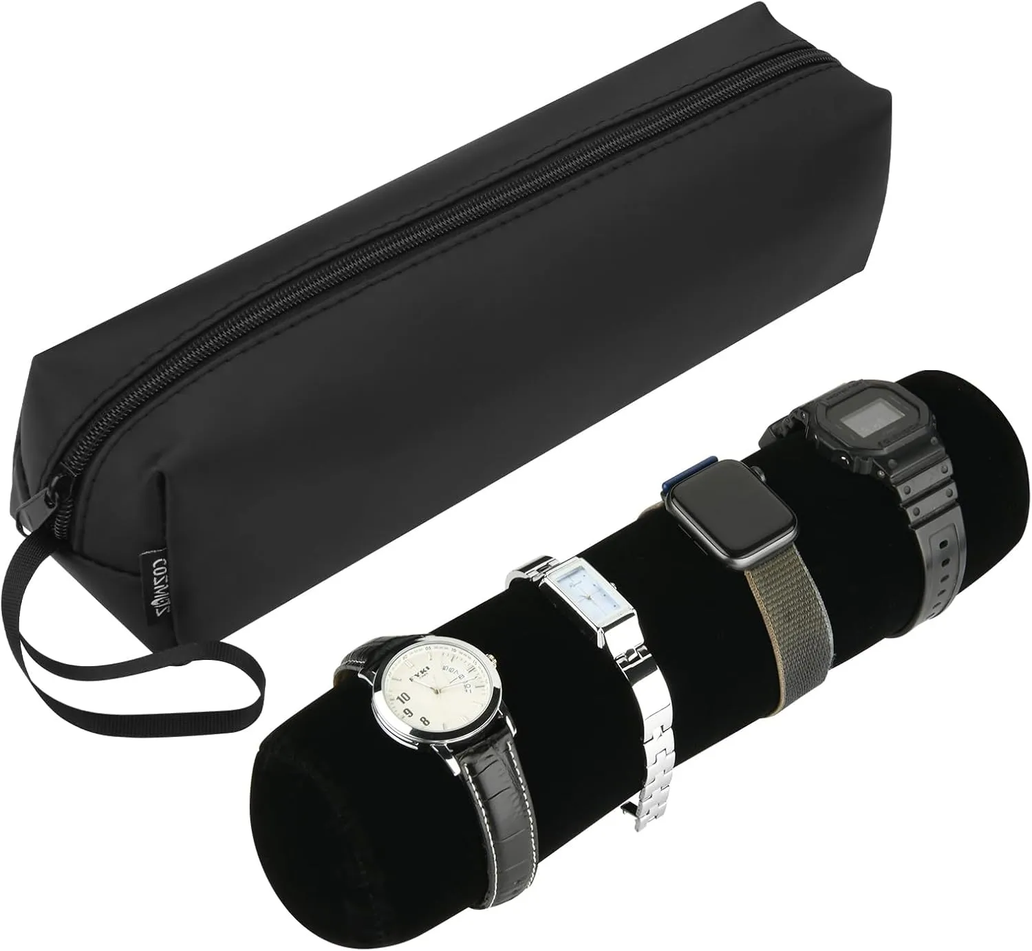 Cosmos Water Resistant Watch Travel Storage Roll Bag Watch Travel Carry Case Bag Watch Roll Pouch Organizer with Removable Roll Insert Velvet Holder, Black Color