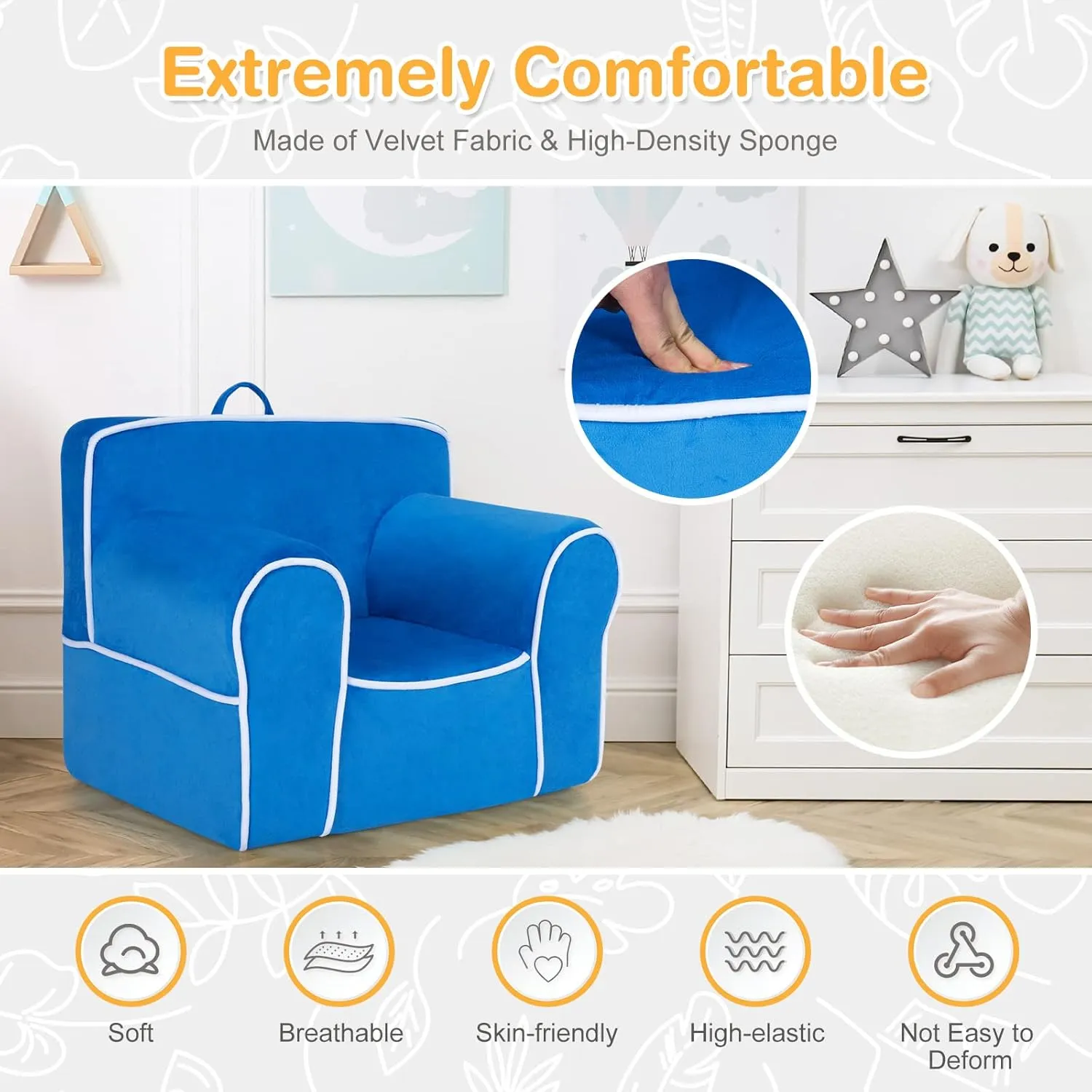 Costzon Kids Couch, Toddler Soft Sofa Chair w/Removable & Washable Velvet Surface for Preschool, Play Room, Nursery, Kindergarten, Toddler Sofa Couch for 0-5 Year Old Boys Girls Birthday Gift (Blue)