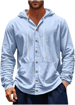 Cotton Hoodie for Mens Long Sleeve Button Down Linen Shirt Drawstring with Pockets Casual Summer Beach Hooded Shirts