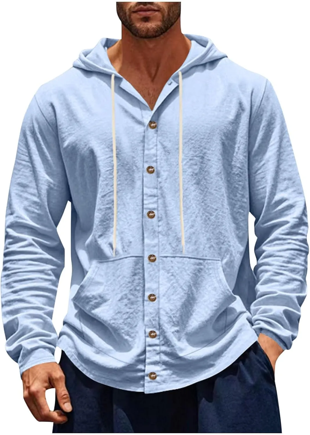 Cotton Hoodie for Mens Long Sleeve Button Down Linen Shirt Drawstring with Pockets Casual Summer Beach Hooded Shirts