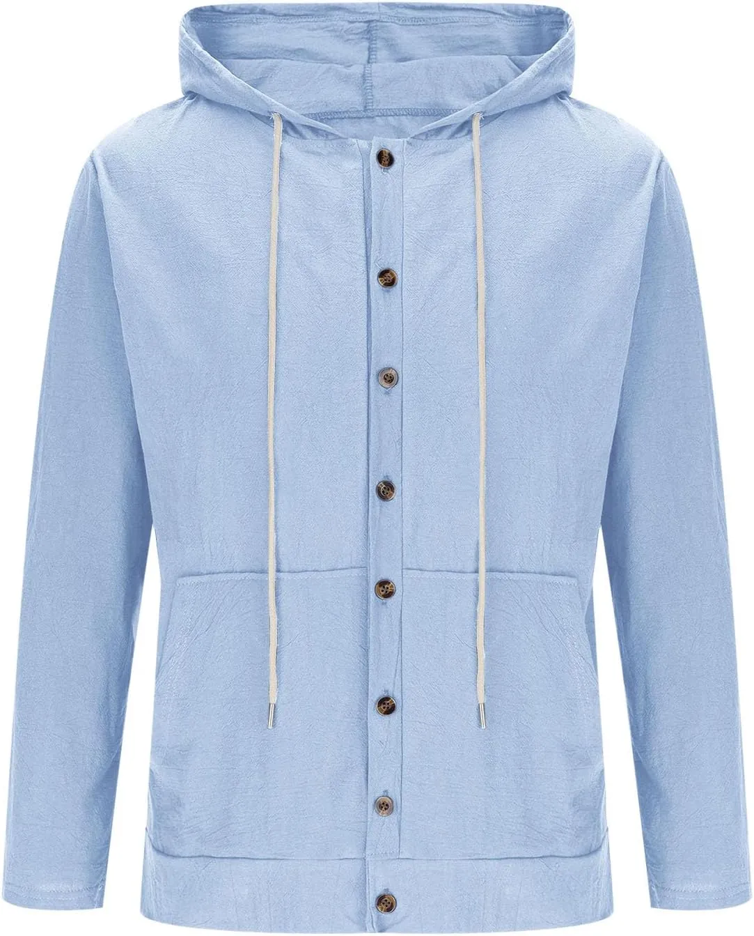 Cotton Hoodie for Mens Long Sleeve Button Down Linen Shirt Drawstring with Pockets Casual Summer Beach Hooded Shirts