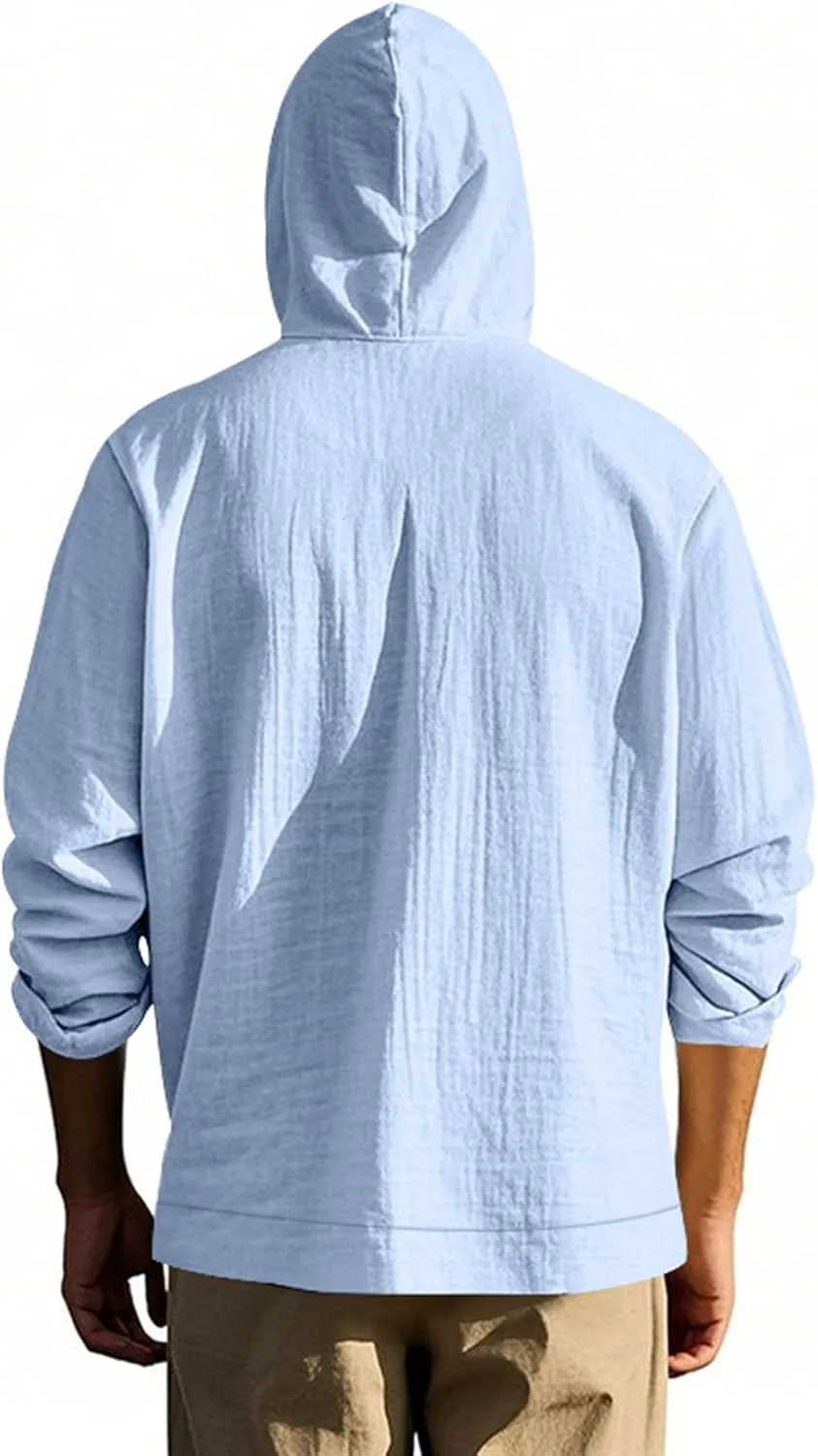 Cotton Hoodie for Mens Long Sleeve Button Down Linen Shirt Drawstring with Pockets Casual Summer Beach Hooded Shirts