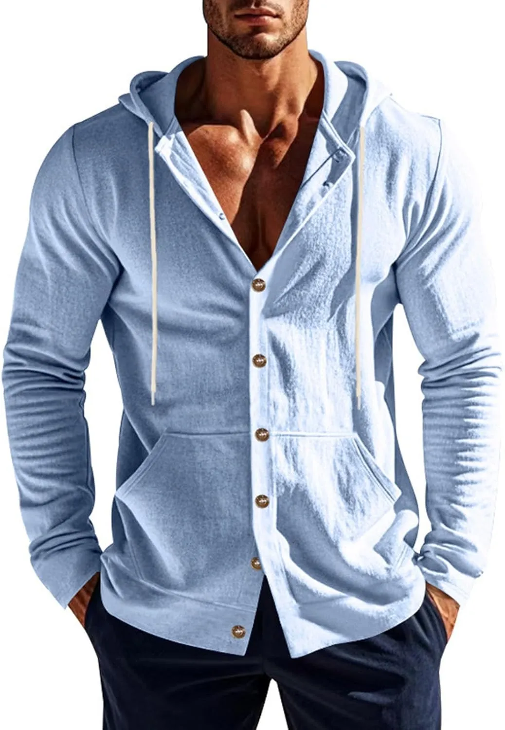 Cotton Hoodie for Mens Long Sleeve Button Down Linen Shirt Drawstring with Pockets Casual Summer Beach Hooded Shirts