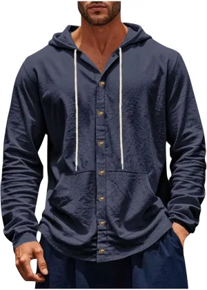 Cotton Hoodie for Mens Long Sleeve Button Down Linen Shirt Drawstring with Pockets Casual Summer Beach Hooded Shirts