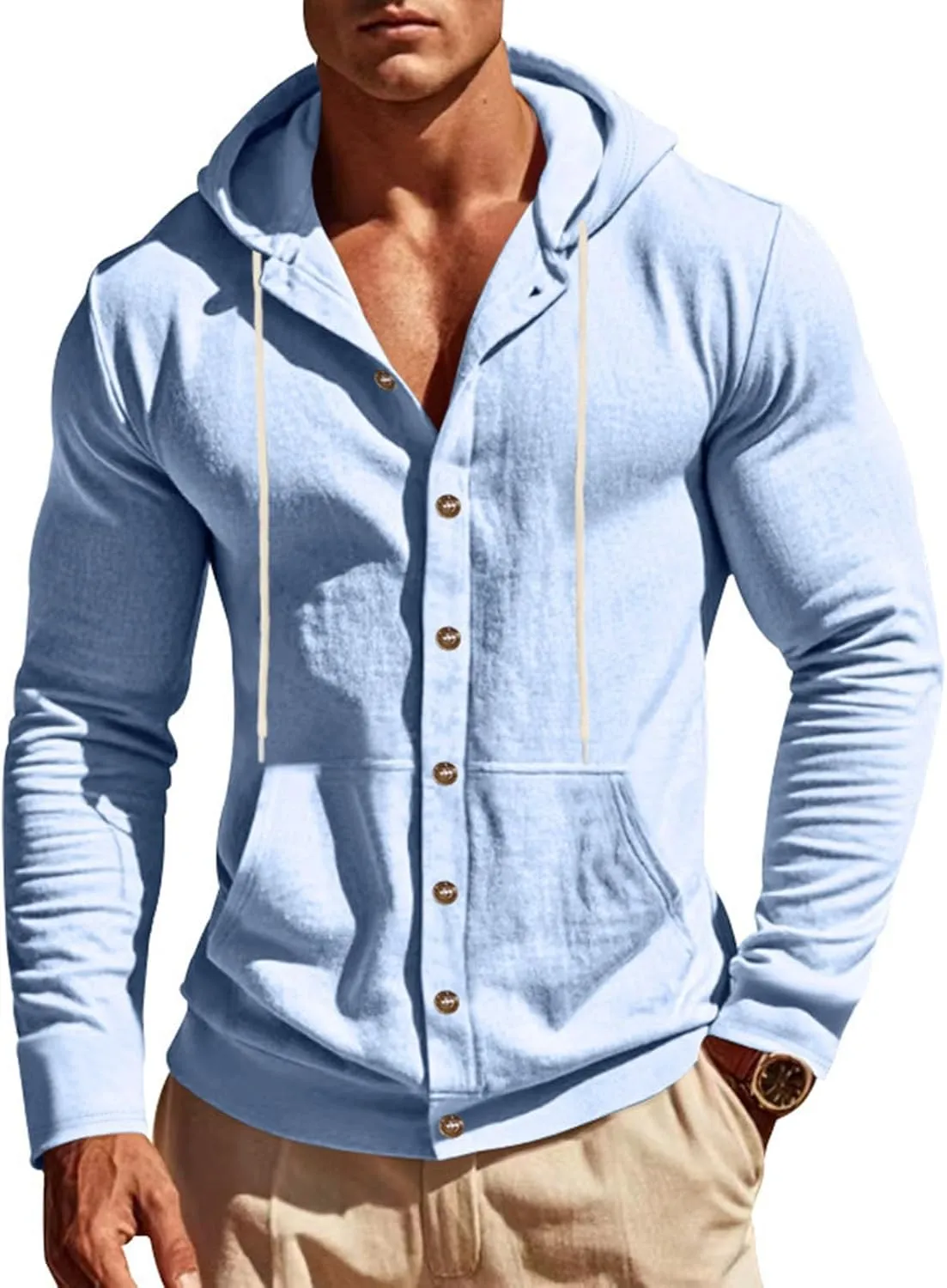 Cotton Hoodie for Mens Long Sleeve Button Down Linen Shirt Drawstring with Pockets Casual Summer Beach Hooded Shirts