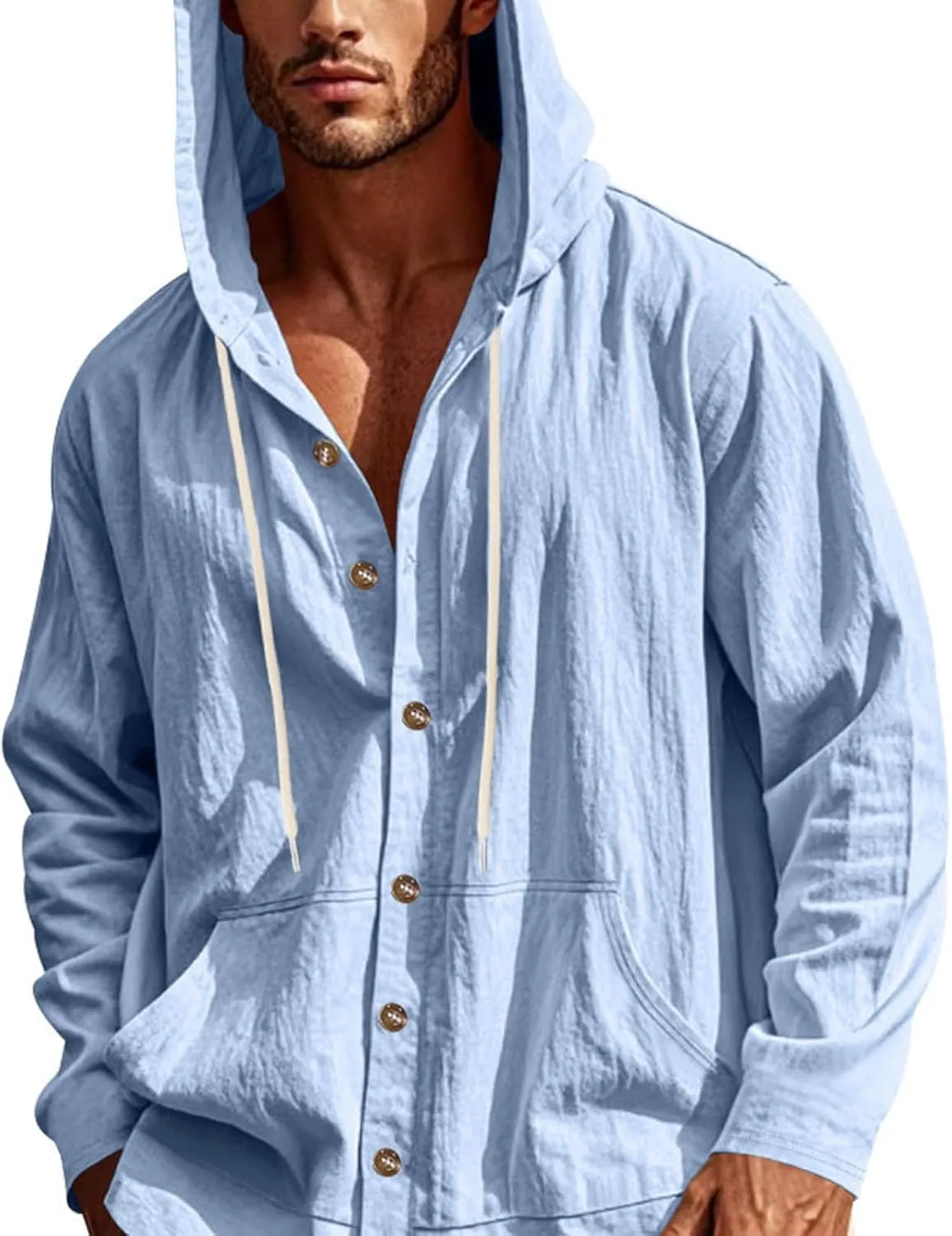 Cotton Hoodie for Mens Long Sleeve Button Down Linen Shirt Drawstring with Pockets Casual Summer Beach Hooded Shirts