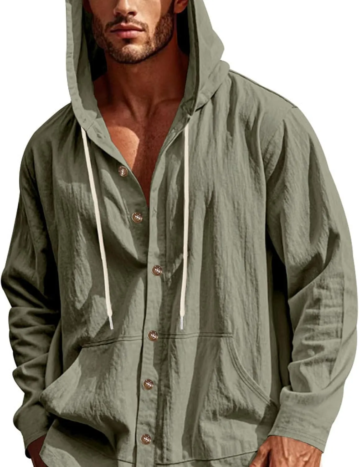 Cotton Hoodie for Mens Long Sleeve Linen Button Down Shirt Drawstring with Pockets Casual Summer Beach Hooded Shirts