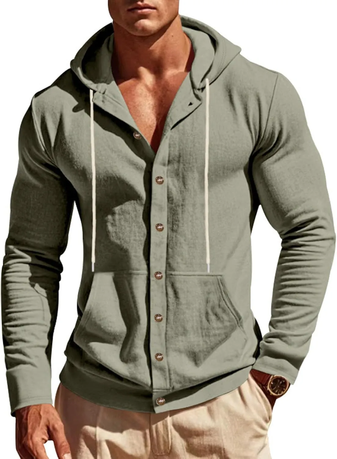 Cotton Hoodie for Mens Long Sleeve Linen Button Down Shirt Drawstring with Pockets Casual Summer Beach Hooded Shirts