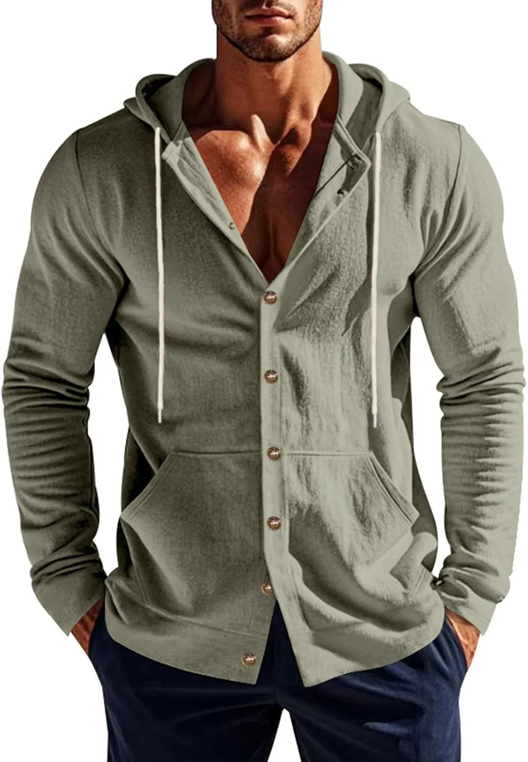Cotton Hoodie for Mens Long Sleeve Linen Button Down Shirt Drawstring with Pockets Casual Summer Beach Hooded Shirts