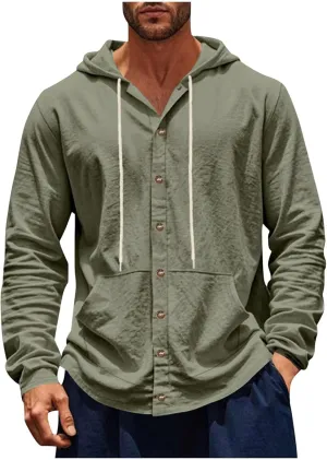 Cotton Hoodie for Mens Long Sleeve Linen Button Down Shirt Drawstring with Pockets Casual Summer Beach Hooded Shirts