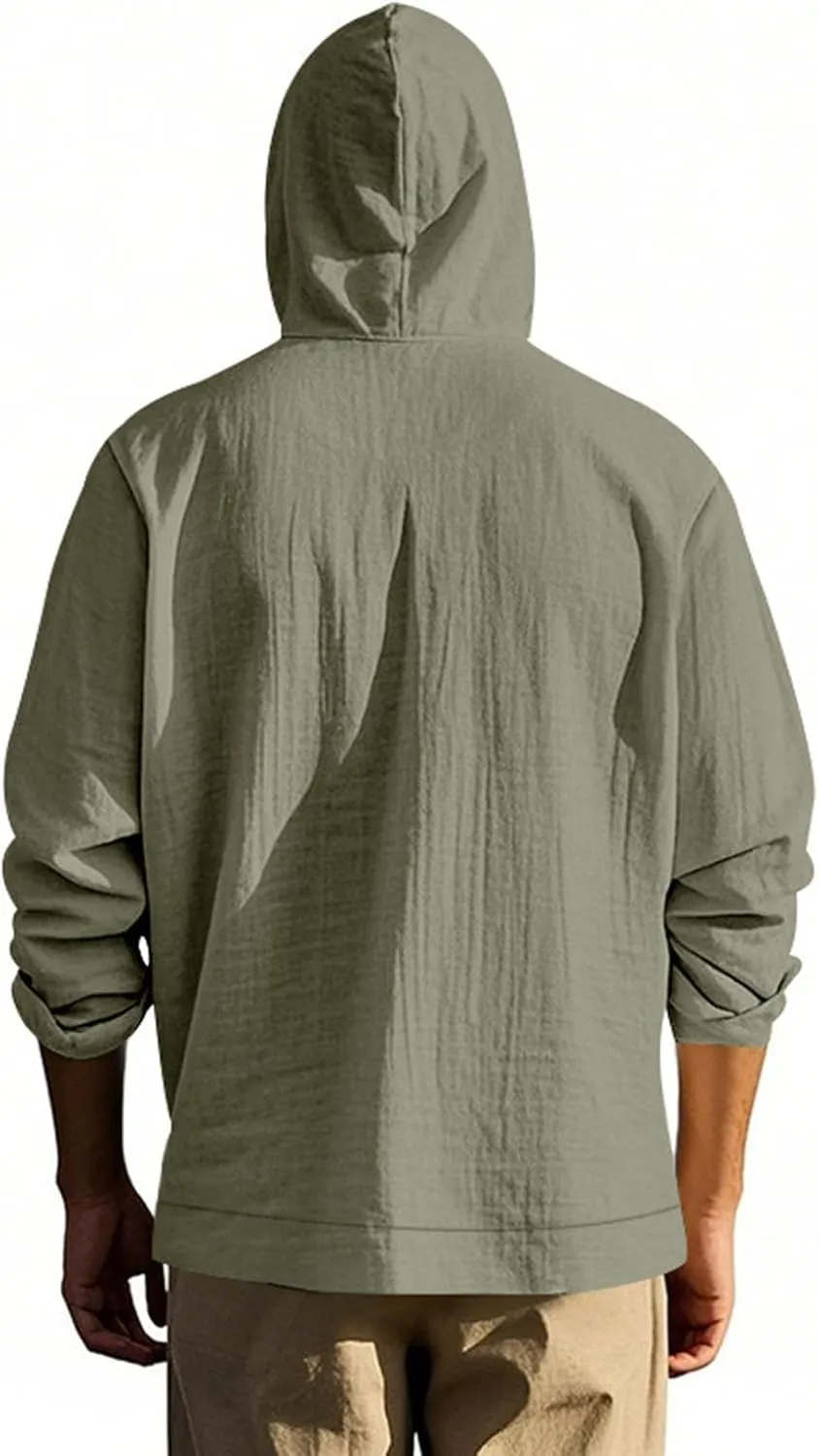 Cotton Hoodie for Mens Long Sleeve Linen Button Down Shirt Drawstring with Pockets Casual Summer Beach Hooded Shirts
