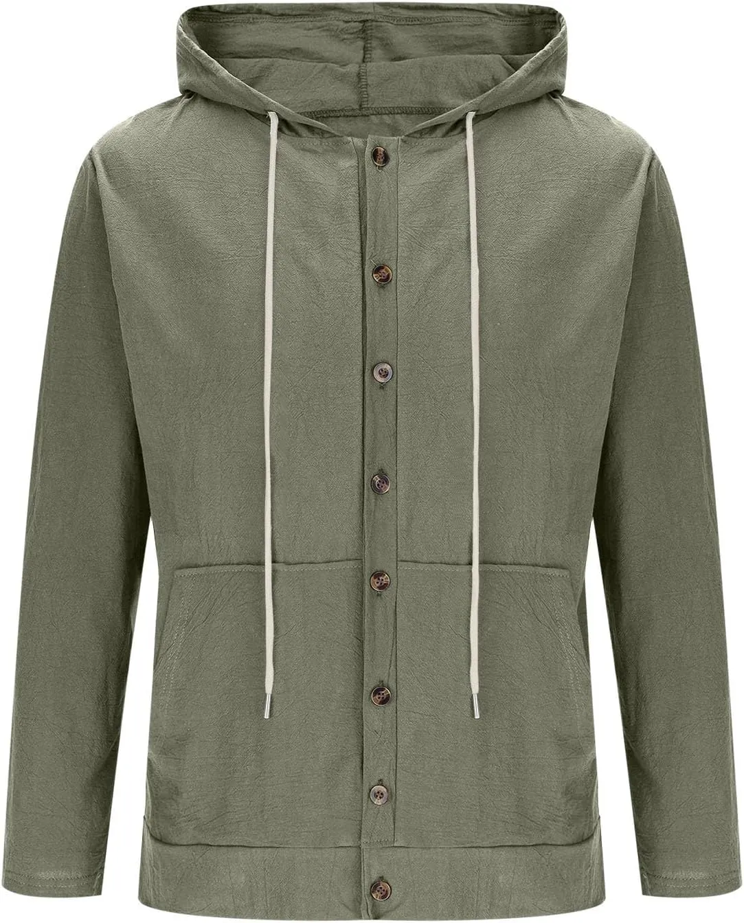 Cotton Hoodie for Mens Long Sleeve Linen Button Down Shirt Drawstring with Pockets Casual Summer Beach Hooded Shirts