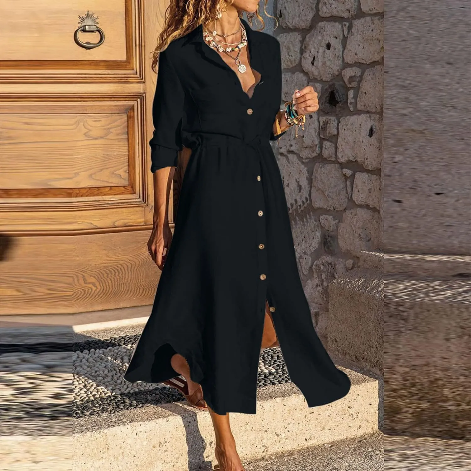 Cotton Linen Dresses for Women 2025 Casual Spring Loose Lapel Drawstring Shirt Dress Solid Color Button Dress