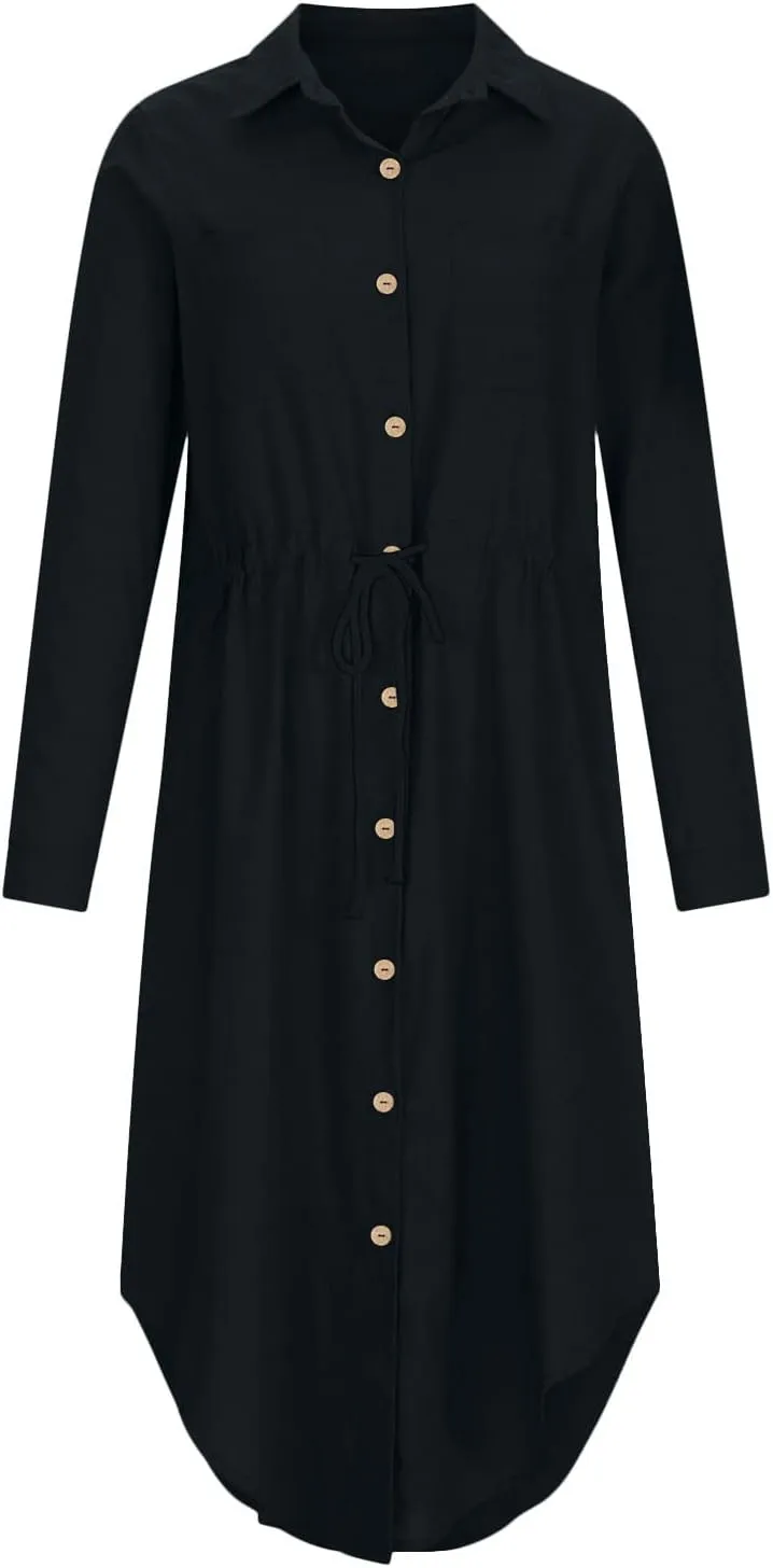 Cotton Linen Dresses for Women 2025 Casual Spring Loose Lapel Drawstring Shirt Dress Solid Color Button Dress