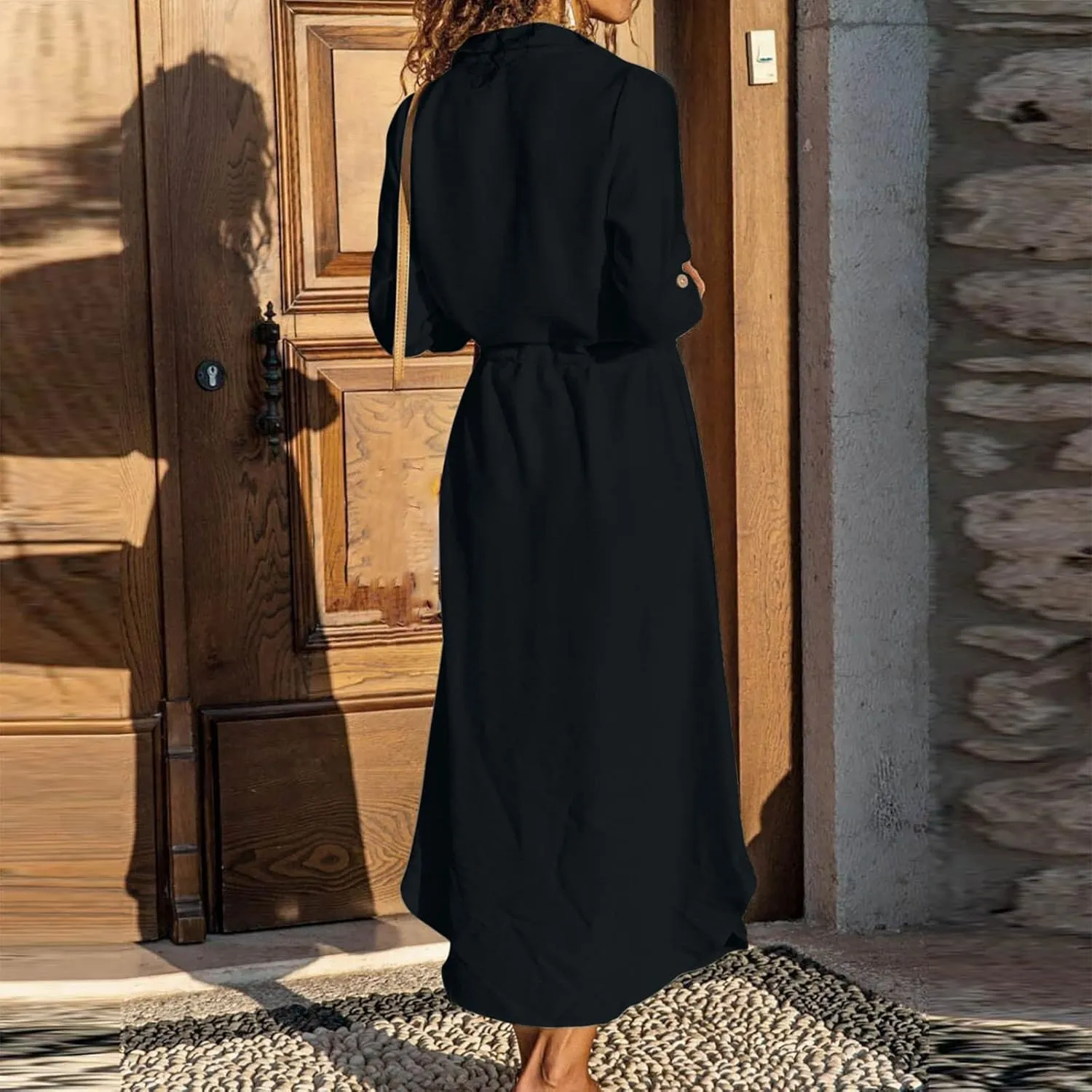 Cotton Linen Dresses for Women 2025 Casual Spring Loose Lapel Drawstring Shirt Dress Solid Color Button Dress