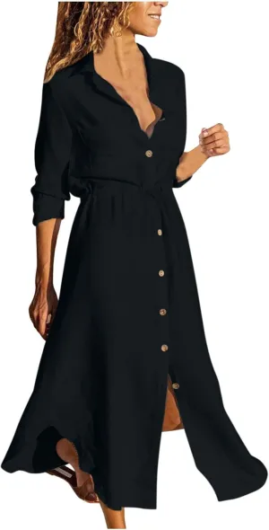 Cotton Linen Dresses for Women 2025 Casual Spring Loose Lapel Drawstring Shirt Dress Solid Color Button Dress