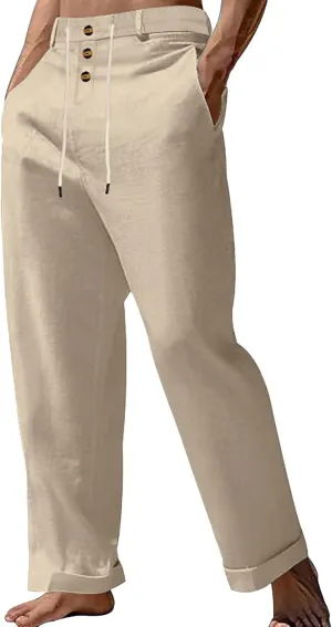 Cotton Linen Pants for Men Elastic Waist Button Down Casual Lightweight Loose Fit Trousers Summer Beach Yoga Pants
